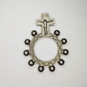 Vintage Italian Pocket Rosary Prayer Ring Crucifix Silver Tone Catholic Cross